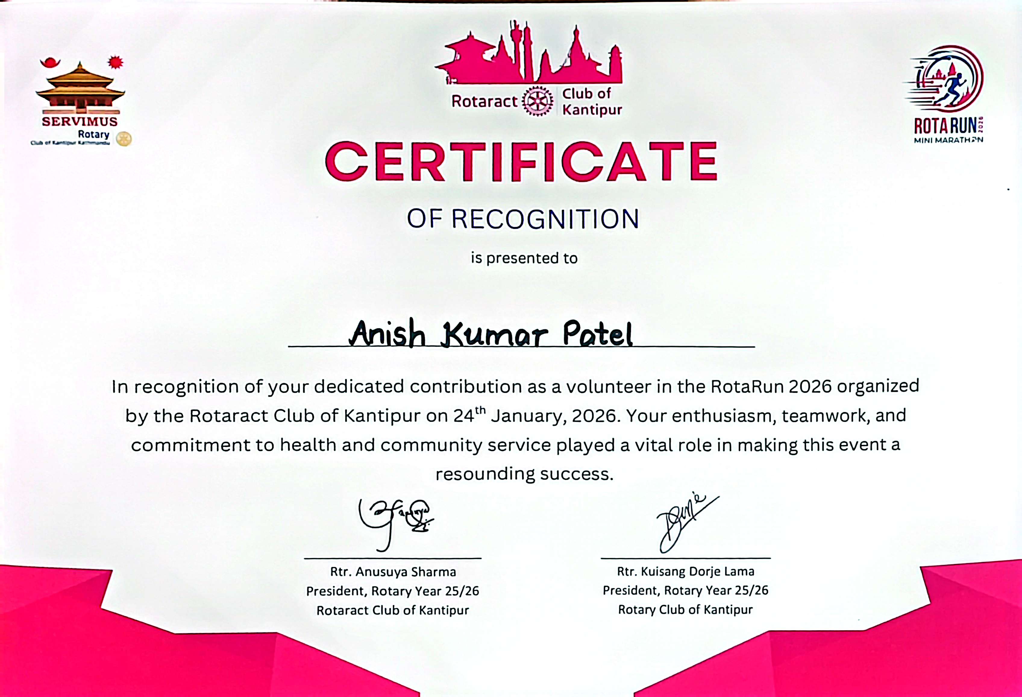 Rota Run 2026 – Certificate of Recognition – Rotaract Club of Kantipur