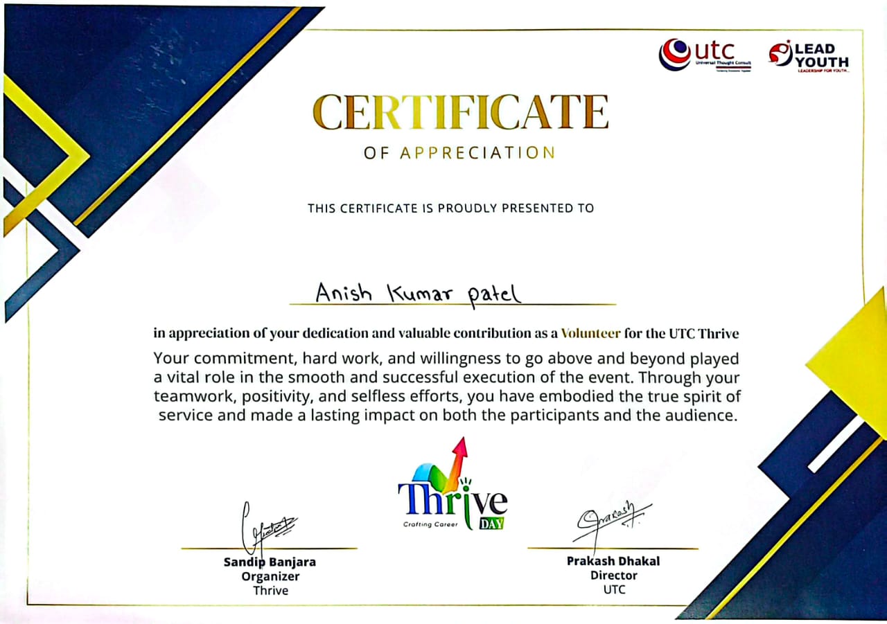 Certificate of Appreciation – Thrive (Growth Carnival) – UTC
