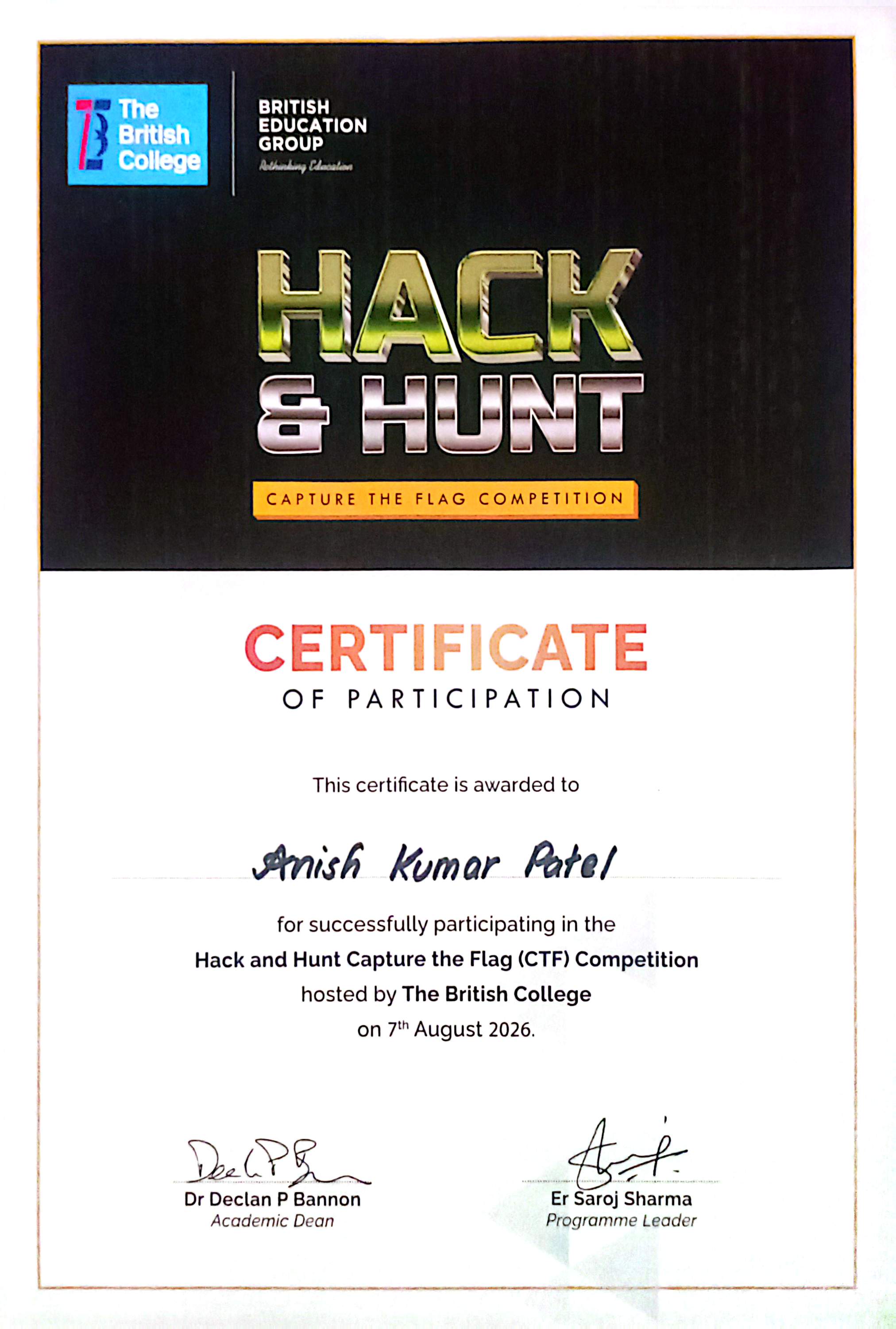 CTFs Participation - Hack & Hunt Certificate
