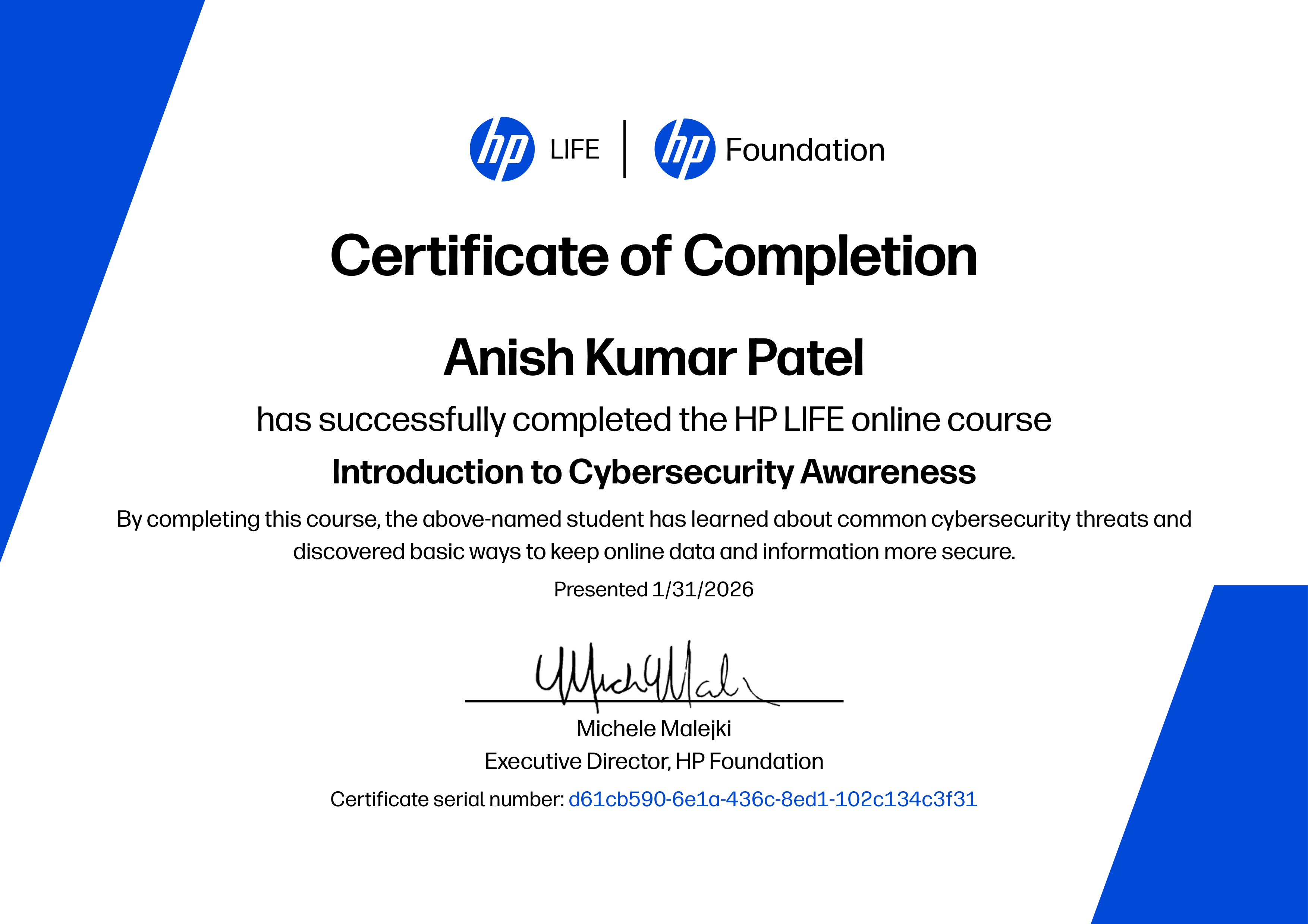 Introduction to Cybersecurity Awareness – HP LIFE / HP Foundation